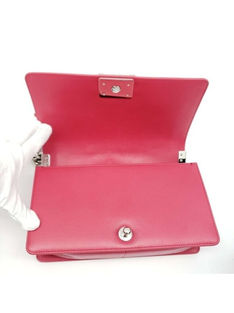 Authentic Chanel Boy Bag Red Quilted Leather Medium Flap Silver Chain CC Logo - Picture 12 of 16